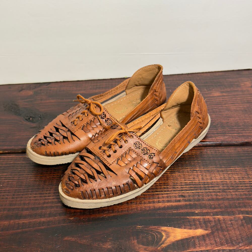 LEATHER HUARACHES Brown Lace Up with Cut Outs Size 7